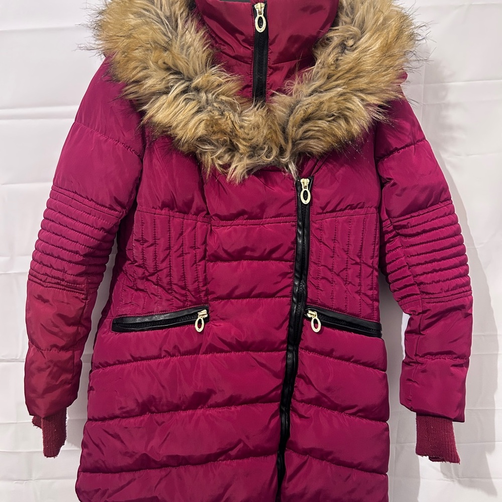 Kensie Girl Hot Pink Quilted Puffer Jacket with Faux Fur Hood Trim